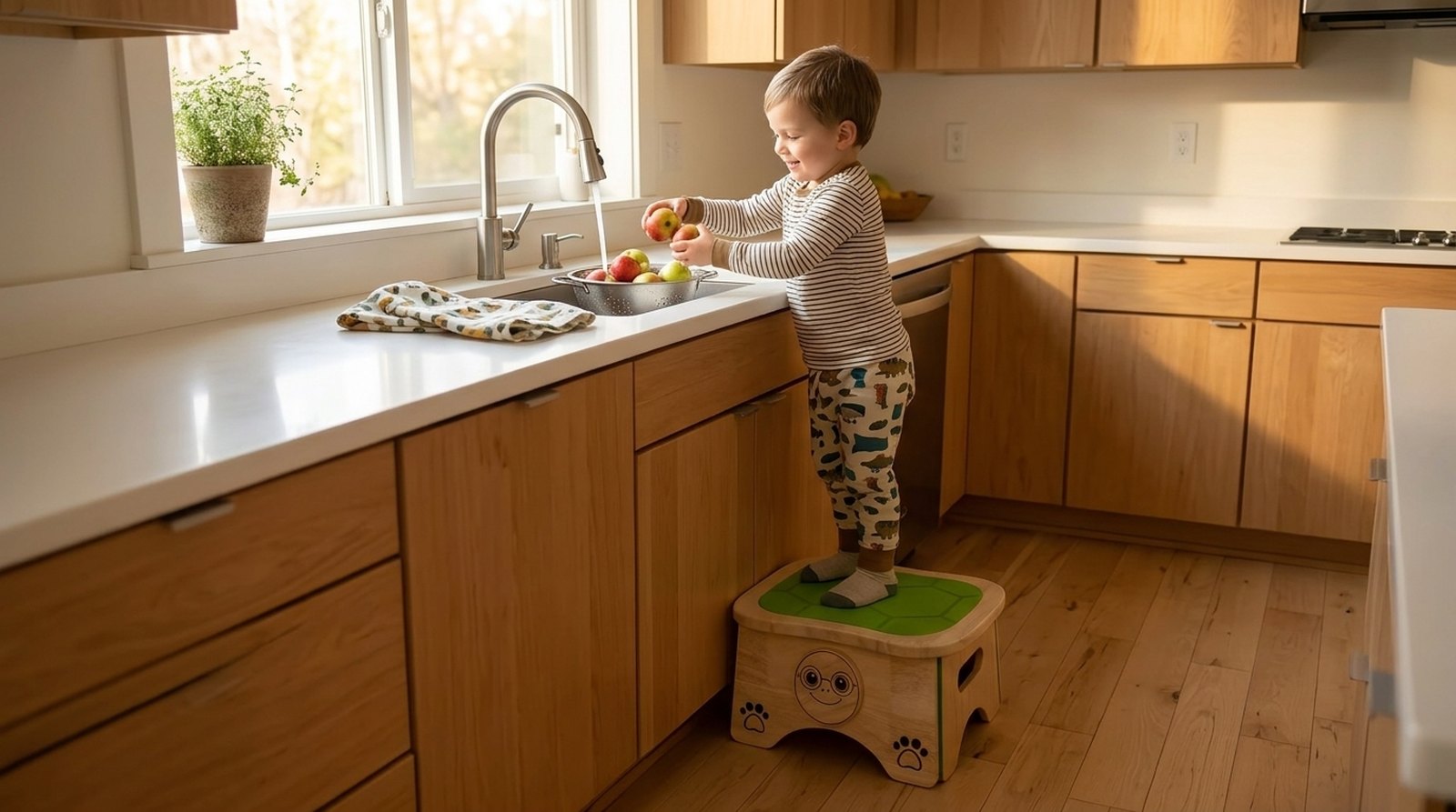 A child standing on Doe the Turtle at the kitchen sink, rinsing apples under the tap