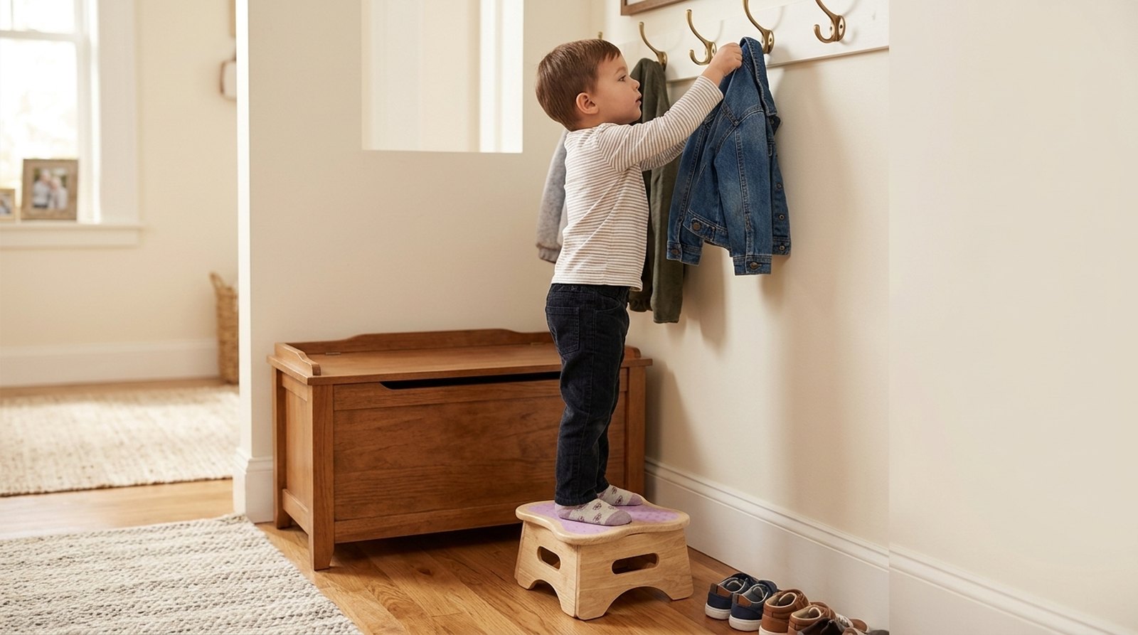 A child standing on Mei the Butterfly in the entryway, hanging a denim jacket on a family coat hook