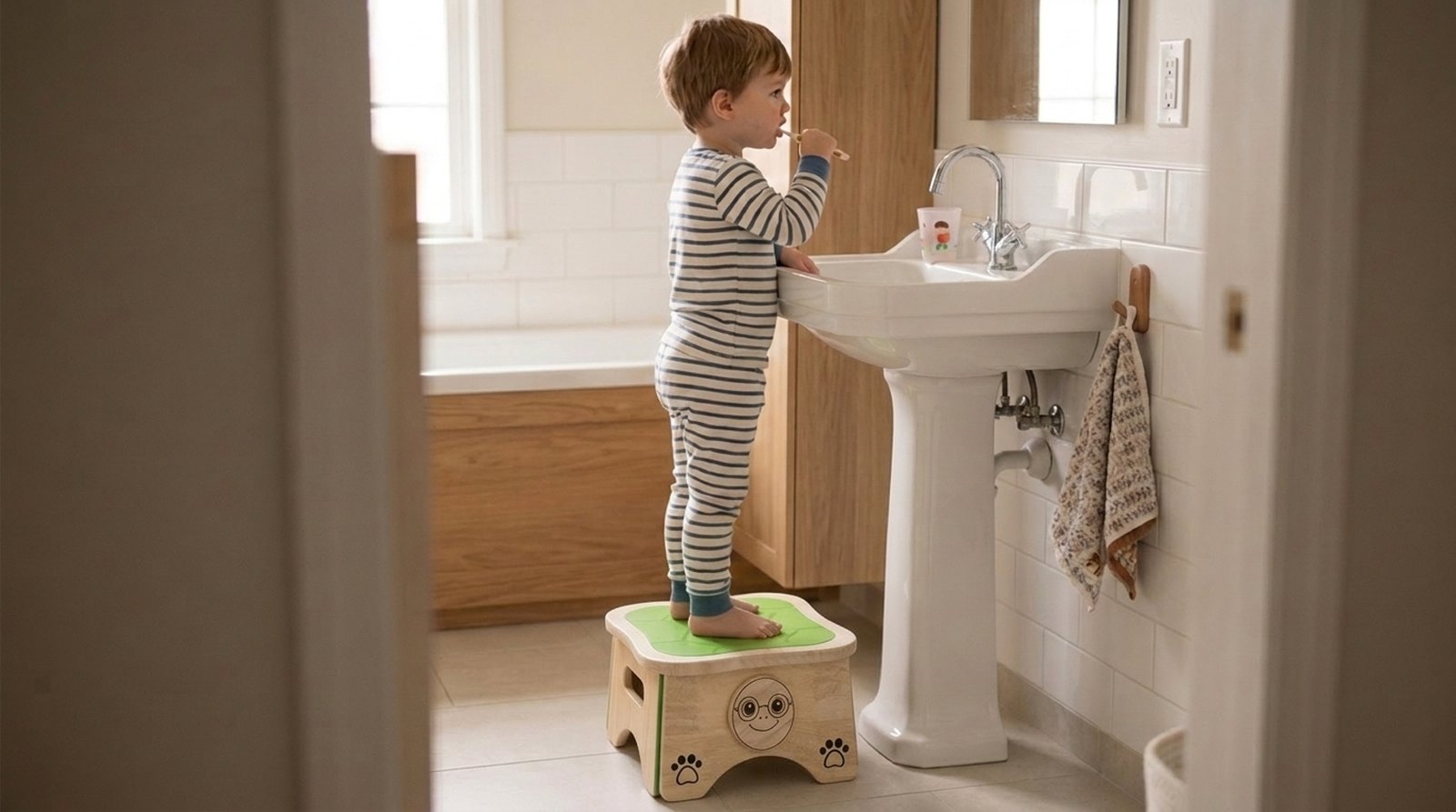 A child standing on Doe the Turtle at the bathroom sink, brushing their teeth