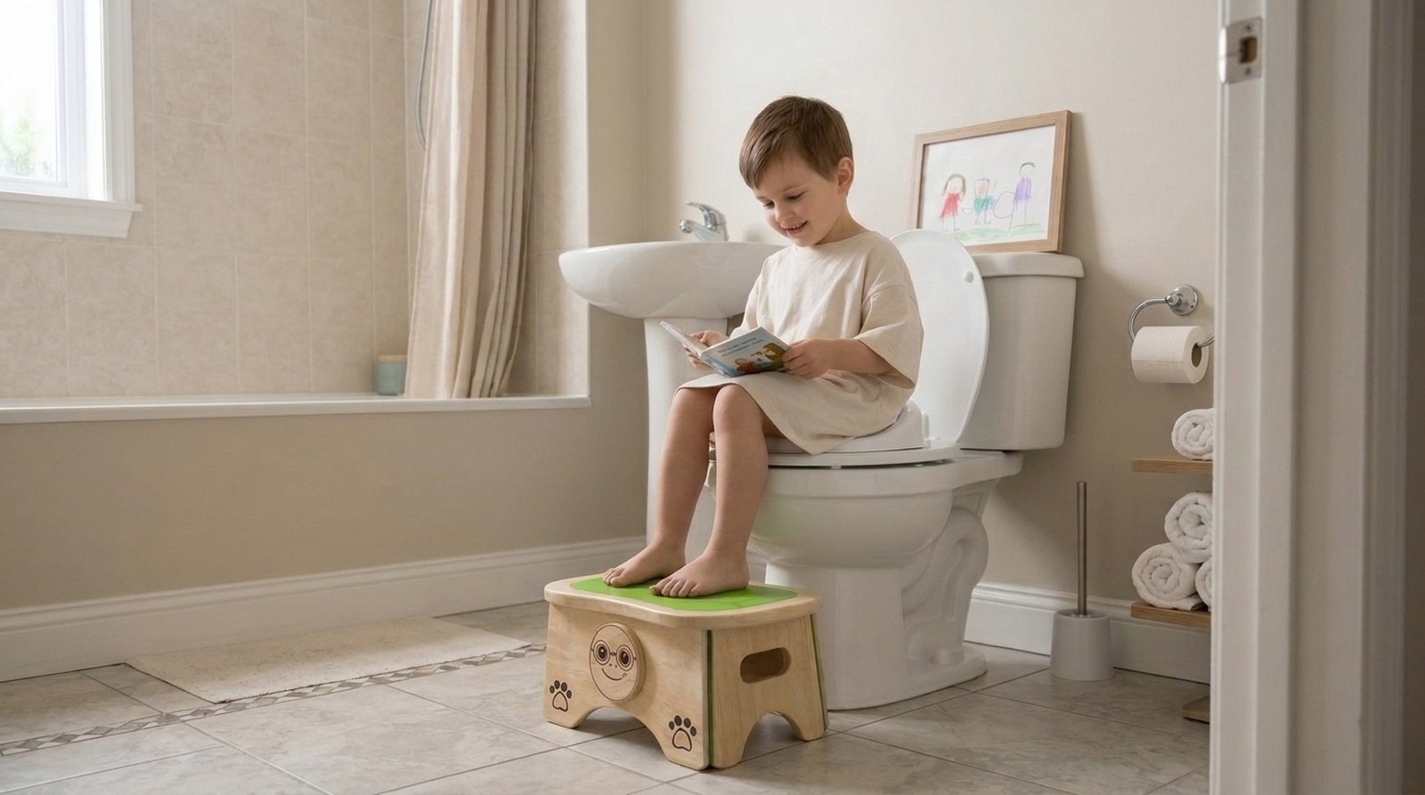A child sitting on the toilet with a picture book, bare feet resting flat on Doe the Turtle