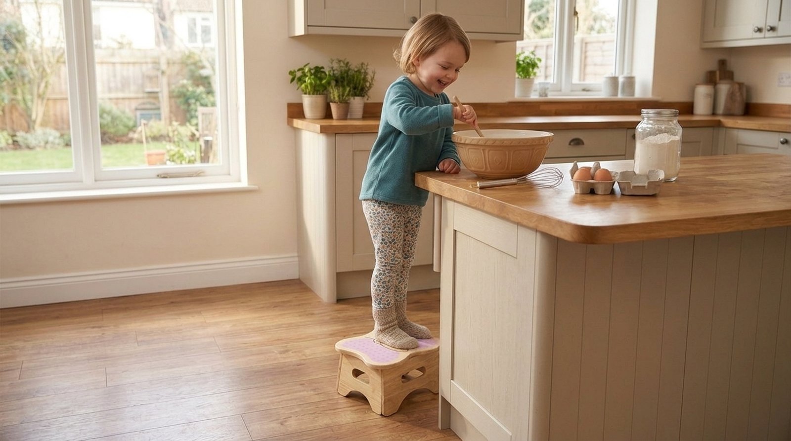 A child standing on Mei the Butterfly at the kitchen counter, stirring pancake batter in a big bowl