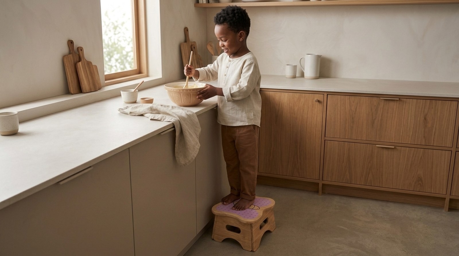A young child standing on a Stobbi at the kitchen counter, stirring a bowl