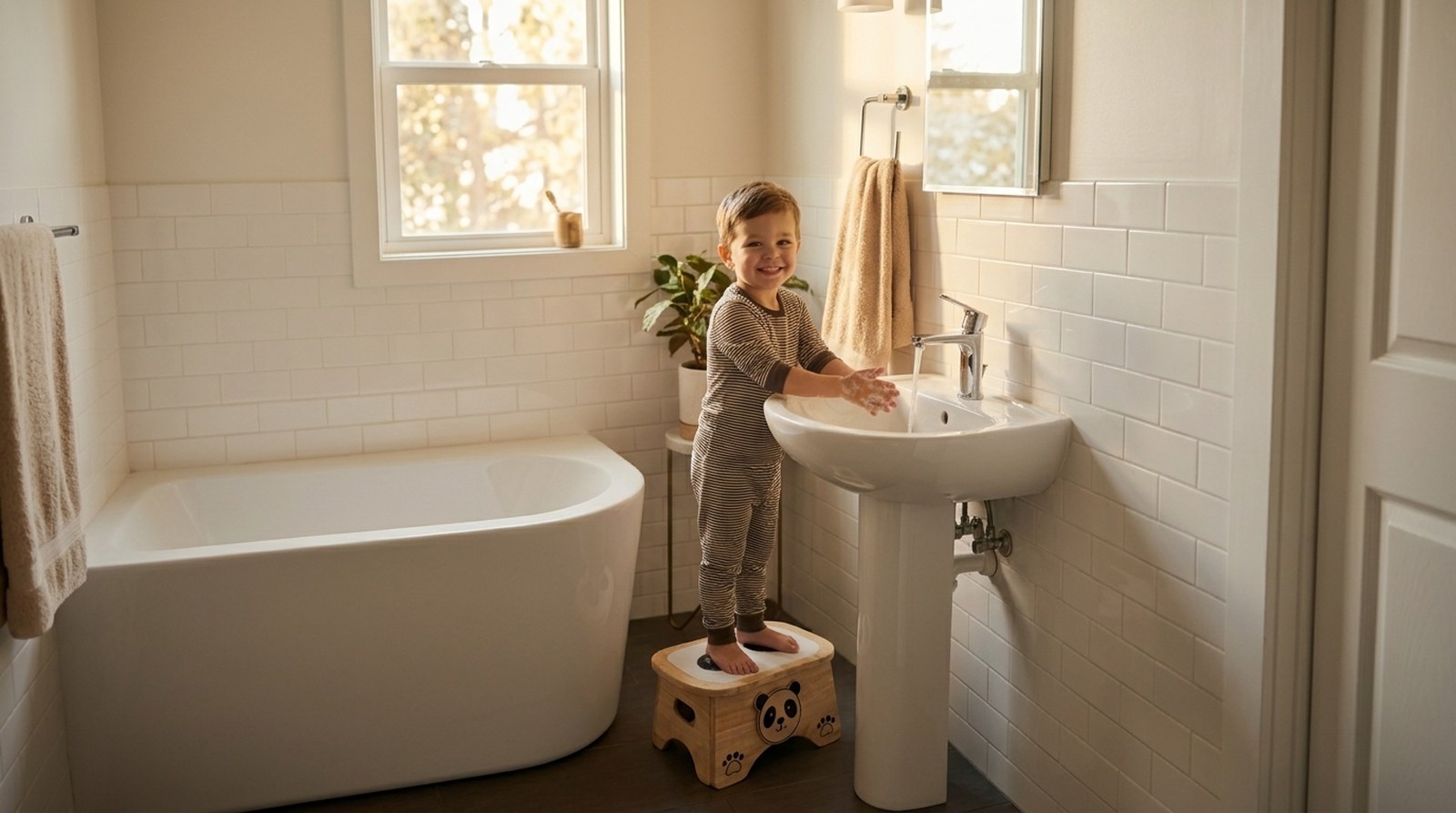 A young child in striped pyjamas standing on Ray the Panda, washing their hands at the bathroom sink