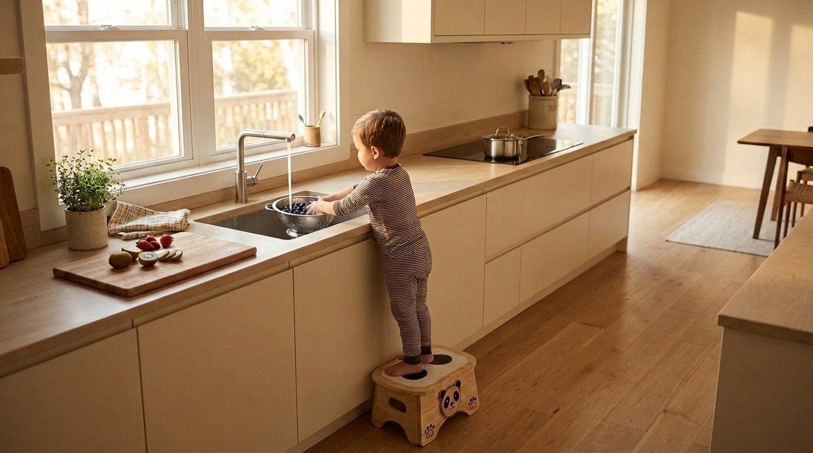 A young child standing on Ray the Panda at a kitchen sink, rinsing blueberries in a colander