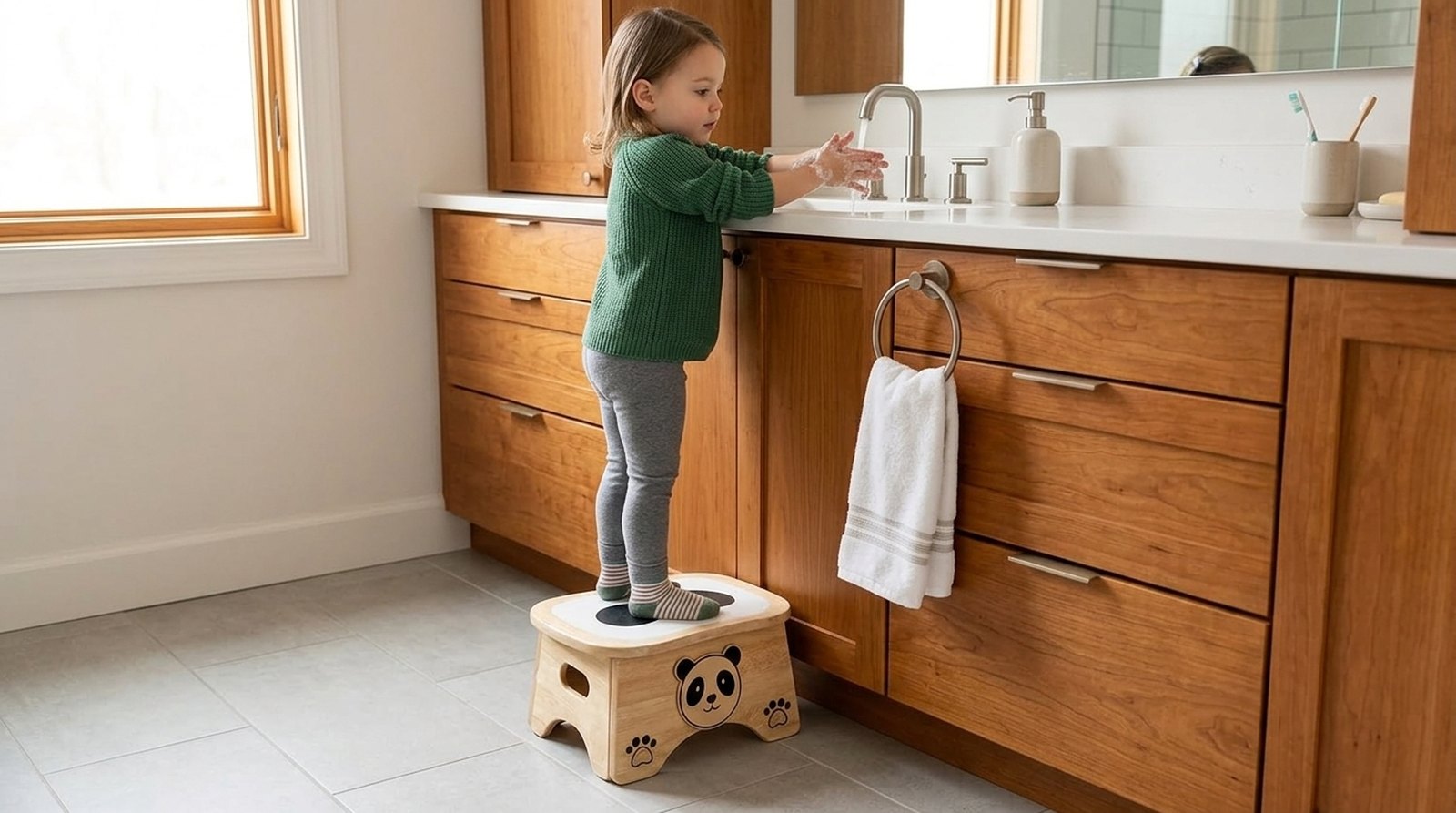 A child standing on Ray the Panda at a bathroom vanity, washing their hands with soap